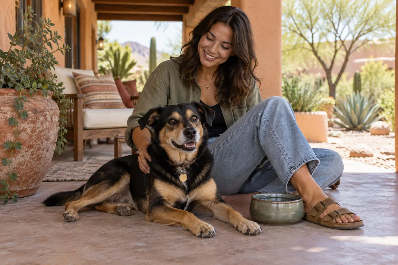 Owner and black-and-tan dog resting in a shaded desert-style courtyard beside a water bowl